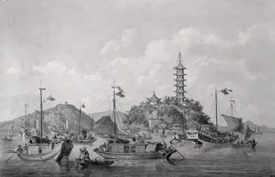 Vista de la Isla de la Montaña Dorada en el Río Azul, China, c.1794